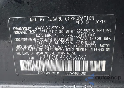 2019 Subaru Crosstrek 2.0I Limited z USA, uszkodzony, nr VIN JF2GTAMC8K8258787